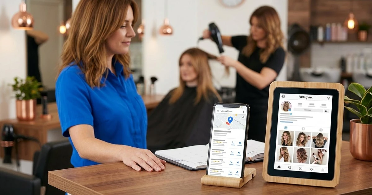 A salon owner checking her shop's Google search listing on a phone at the front desk