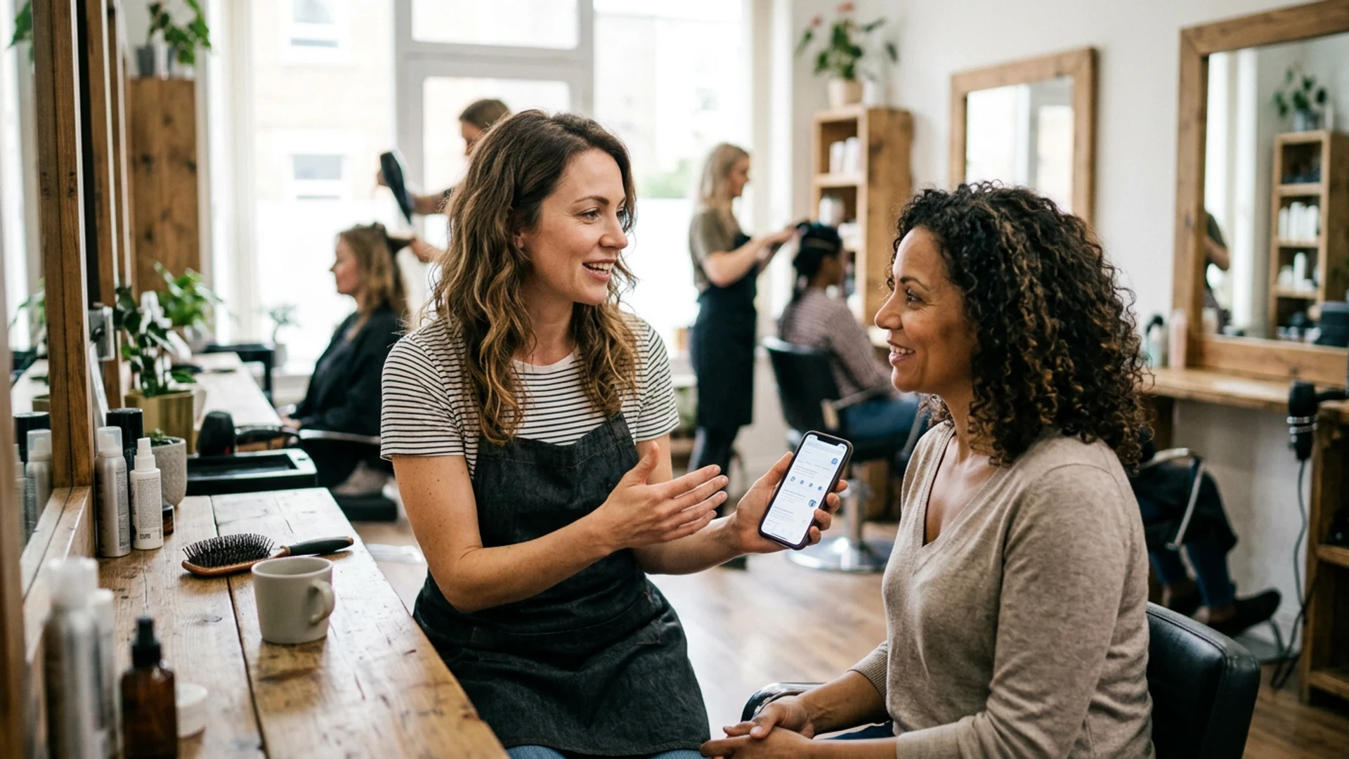 A friendly hairdresser shows a client information on a mobile phone inside a busy salon.